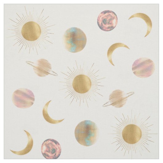 Gold Sun Moon Planets Space White illustratie Stof (Swatch)