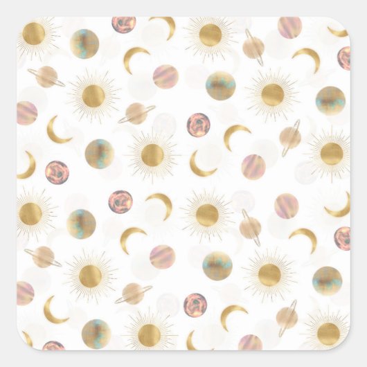 Gold Sun Moon Planets Space White illustratie Vierkante Sticker (Voorkant)