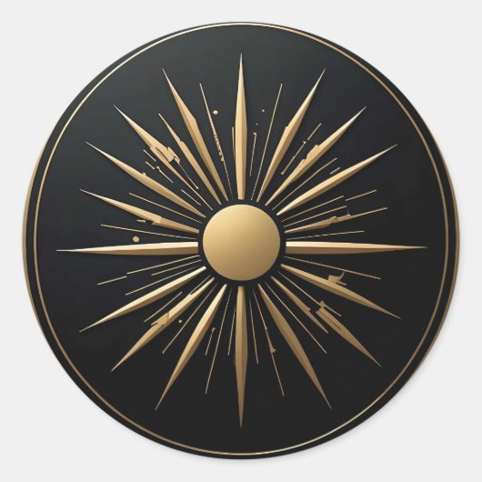 Gold Sunburst Line Art Zwarte Sticker (Voorkant)