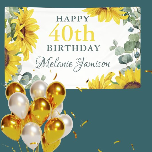 Gold Sunflower 40th Birthday Party Banner