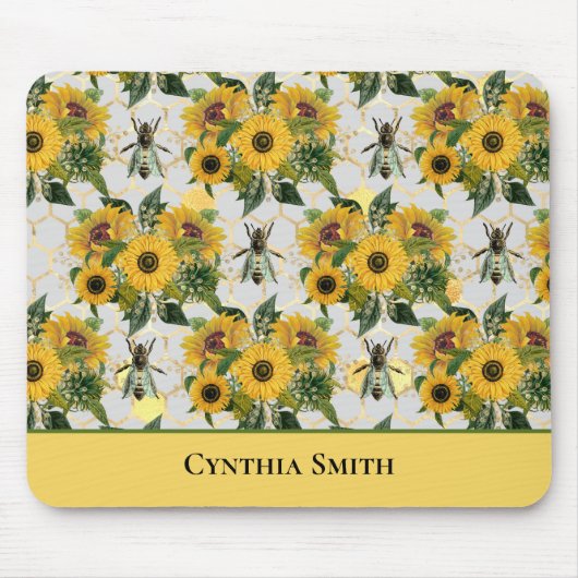 Gold Sunflower Honeycomb en Royal Bee met naam Muismat (Voorkant)