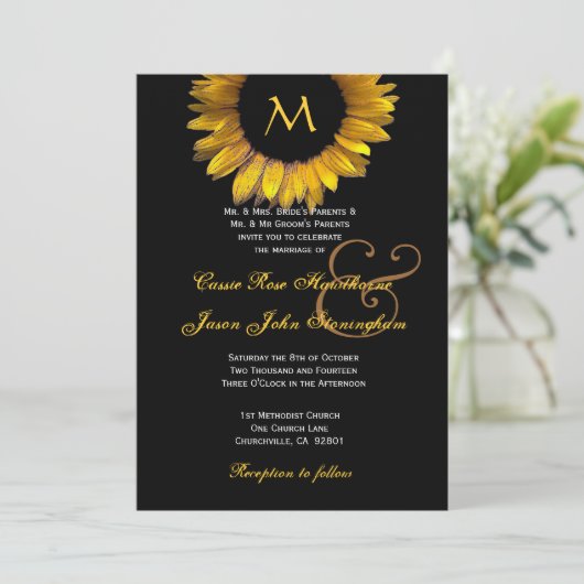 Gold Sunflower Weduwend aangepast monogram Kaart (Staand voorkant)