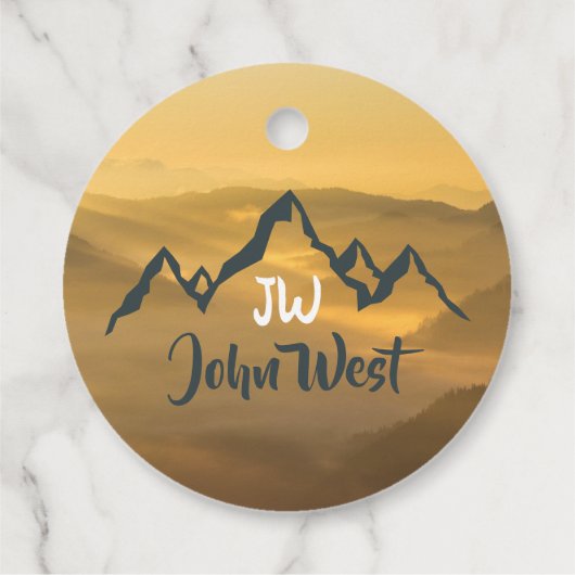 Gold sunrise personalizable mountains monogram bedankjes labels (Achterkant)