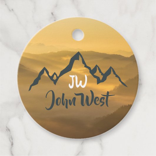 Gold sunrise personalizable mountains monogram bedankjes labels (Voorkant)