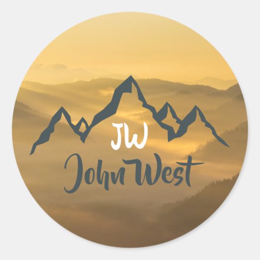 Gold sunrise personalizable mountains monogram ronde sticker (Voorkant)