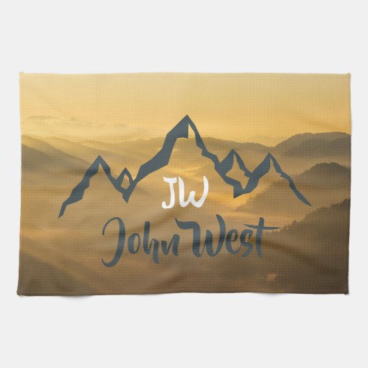 Gold sunrise personalizable mountains monogram theedoek (Horizontaal)