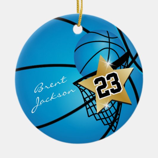 Gold Superstar Basketball | DIY-tekst | Blauw Keramisch Ornament (Voorkant)