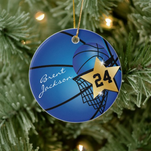 Gold Superstar Basketball | DIY-tekst | Donkerblau Keramisch Ornament (Boom)