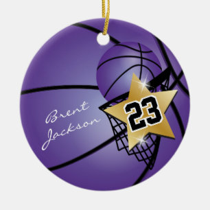 Gold Superstar Basketball  DIY-tekst  Paarse Keramisch Ornament