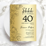 Gold Surprise 40th Birthday Kaart<br><div class="desc">Gold Surprise 40th Birthday Party Invitation. Het vrouwelijke vormgeving van Glam met botanische accenten en typografische scriptlettertypen. Eenvoudige bloemige uitnodigingskaart perfect voor een stijlvol vrouw verrassingsfeest. Kan op elke leeftijd worden aangepast. Uitnodigingen met Zazzle afdrukken of digitale sjabloon direct downloaden.</div>