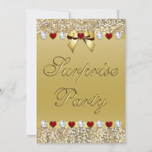 Gold Surprise Party Faux Sequins Hearts Bow Kaart (Voorkant)