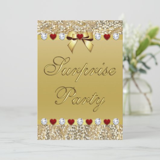 Gold Surprise Party Faux Sequins Hearts Bow Kaart (Staand voorkant)