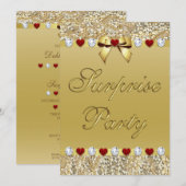 Gold Surprise Party Faux Sequins Hearts Bow Kaart (Voorkant / Achterkant)