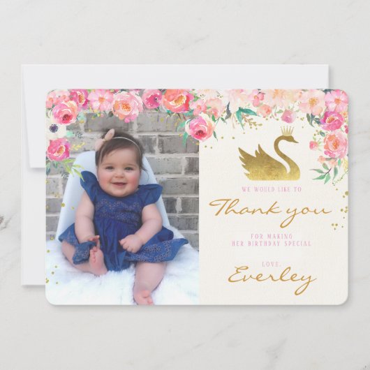 Gold Swan Princess Pink Floral Bedankkaart (Voorkant)