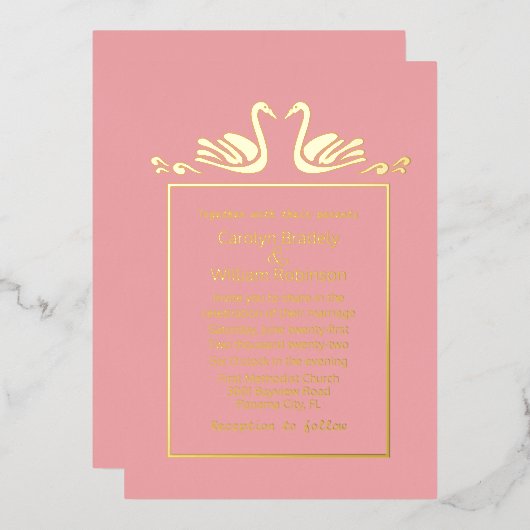 Gold Swans Coral Wedding Folie Folie Uitnodiging (Voorkant / Achterkant)