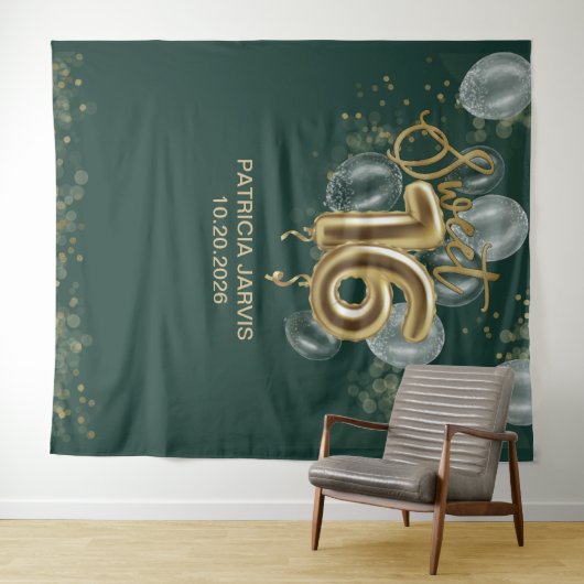 Gold Sweet 16 ballonnen Emerald Green Backdrups Wandkleed (In Situ (horizontaal))