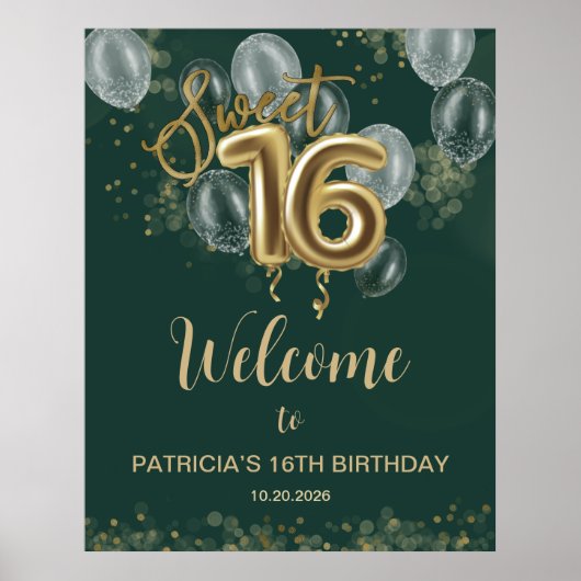 Gold Sweet 16 ballonnen Emerald Green Welcome Sign Poster (Voorkant)