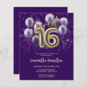 Gold Sweet 16 Balloons Paarse Budge Invitation (Voorkant / Achterkant)