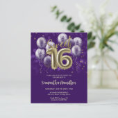 Gold Sweet 16 Balloons Paarse Budge Invitation (Staand voorkant)