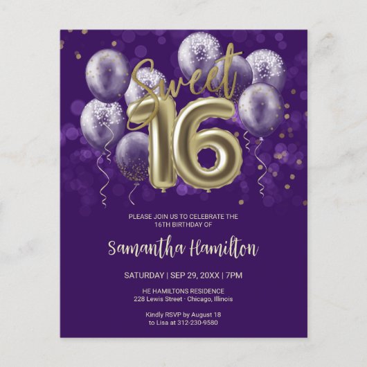 Gold Sweet 16 Balloons Paarse Budge Invitation (Voorkant)