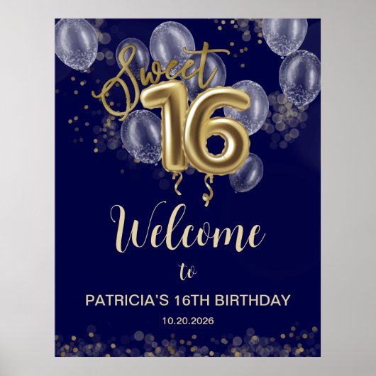 Gold Sweet 16 Balloons Royal Blue Welcome Sign Poster (Voorkant)
