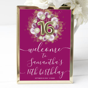 Gold Sweet 16 bday-ballonnen Hot Pink Welkomstteke Poster