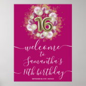 Gold Sweet 16 bday-ballonnen Hot Pink Welkomstteke Poster (Voorkant)