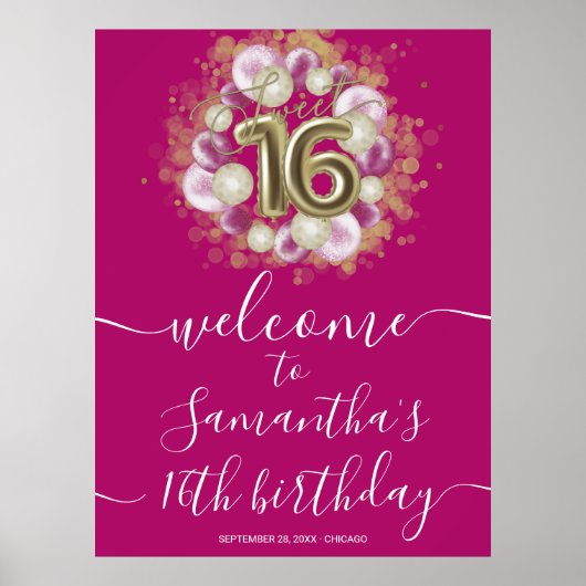 Gold Sweet 16 bday-ballonnen Hot Pink Welkomstteke Poster (Voorkant)