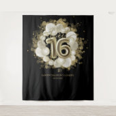Gold Sweet 16 bday-ballonnen party zwarte achtergr Wandkleed (Voorkant)
