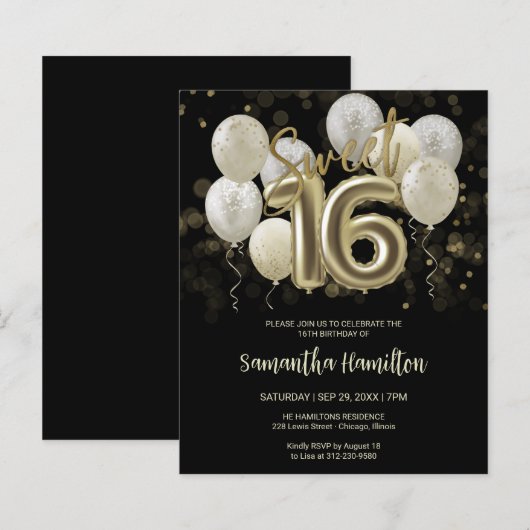 Gold Sweet 16 Bday Balloons Black Budge Invitation (Voorkant / Achterkant)