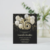 Gold Sweet 16 Bday Balloons Black Budge Invitation (Staand voorkant)