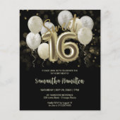 Gold Sweet 16 Bday Balloons Black Budge Invitation (Voorkant)