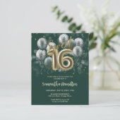 Gold Sweet 16 Bday Balloons Black Green Invitation (Staand voorkant)