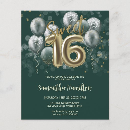 Gold Sweet 16 Bday Balloons Black Green Invitation (Voorkant)