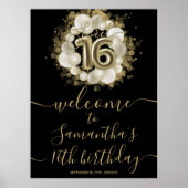 Gold Sweet 16 Bday Balloons Black Welcome Sign Poster (Voorkant)
