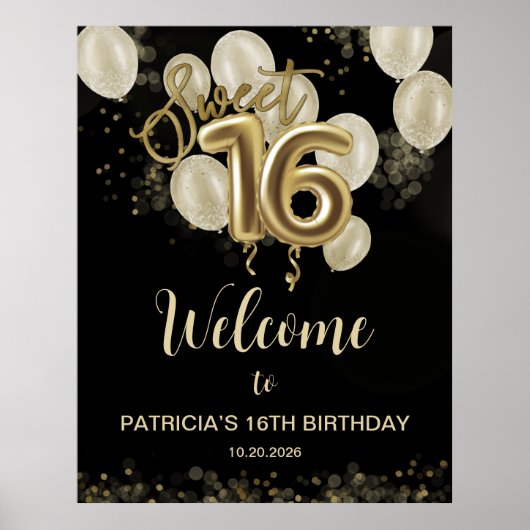 Gold Sweet 16 bday Balloons Black Welkomstbord Poster (Voorkant)