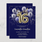 Gold Sweet 16 Bday Balloons Blue Budge Invitation (Voorkant / Achterkant)