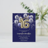 Gold Sweet 16 Bday Balloons Blue Budge Invitation (Staand voorkant)