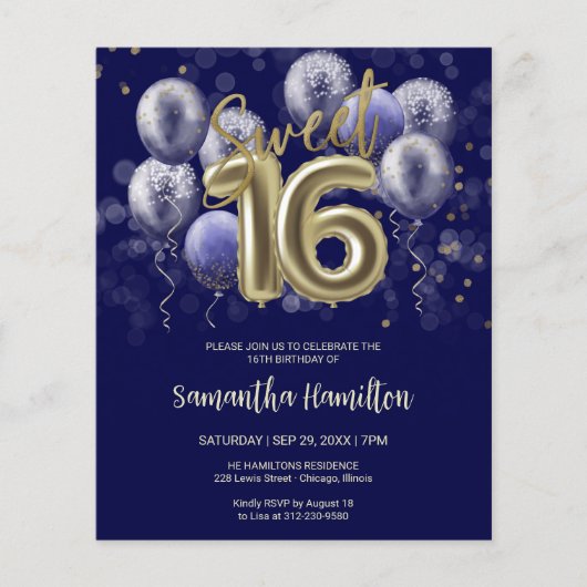 Gold Sweet 16 Bday Balloons Blue Budge Invitation (Voorkant)