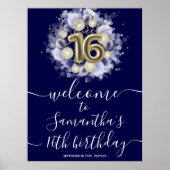 Gold Sweet 16 bday Balloons Blue Welcome Sign Poster (Voorkant)