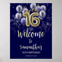 Gold Sweet 16 bday Balloons Blue Welcome Sign