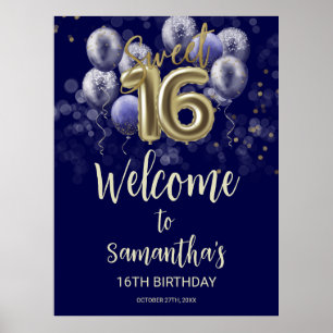 Gold Sweet 16 bday Balloons Blue Welcome Sign Poster