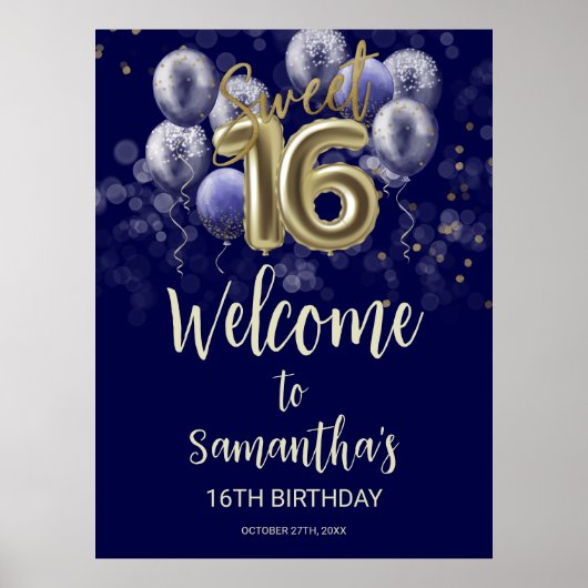 Gold Sweet 16 bday Balloons Blue Welcome Sign Poster (Voorkant)