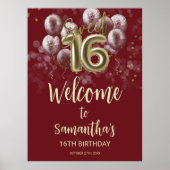 Gold Sweet 16 Bday Balloons Burgundy Welcome Sign Poster (Voorkant)
