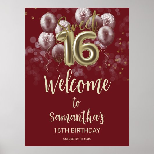 Gold Sweet 16 Bday Balloons Burgundy Welcome Sign Poster (Voorkant)