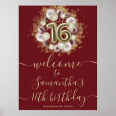 Gold Sweet 16 Bday Balloons Burgundy Welcome Sign Poster (Voorkant)
