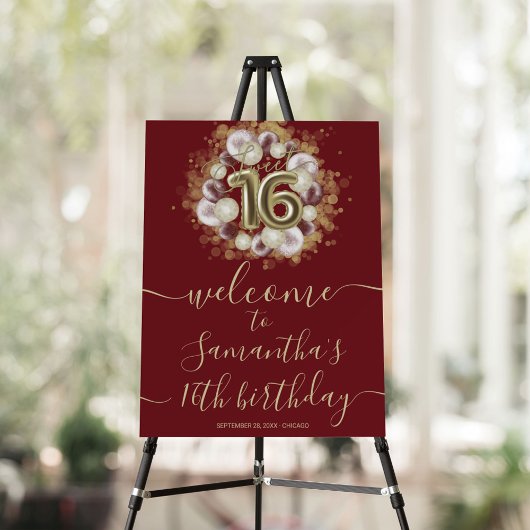 Gold Sweet 16 Bday Balloons Burgundy Welcome Sign Poster