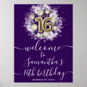 Gold Sweet 16 bday Balloons Paars Welkomstteken Poster (Voorkant)