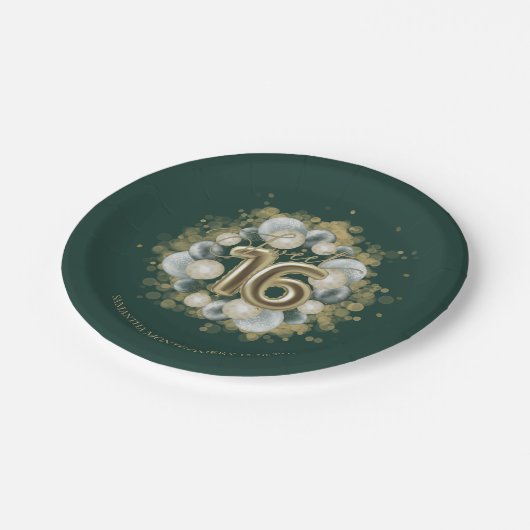 Gold Sweet 16 Bday Balloons Party Emerald Green Papieren Bordje (Gekanteld)