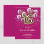 Gold Sweet 16 Bday Balloons Pink Budge Uitnodiging (Voorkant / Achterkant)